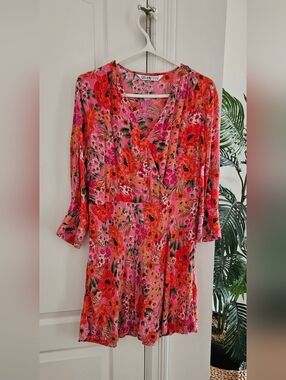 Floral Pink & Red V-Neck Wrap Look  Dress